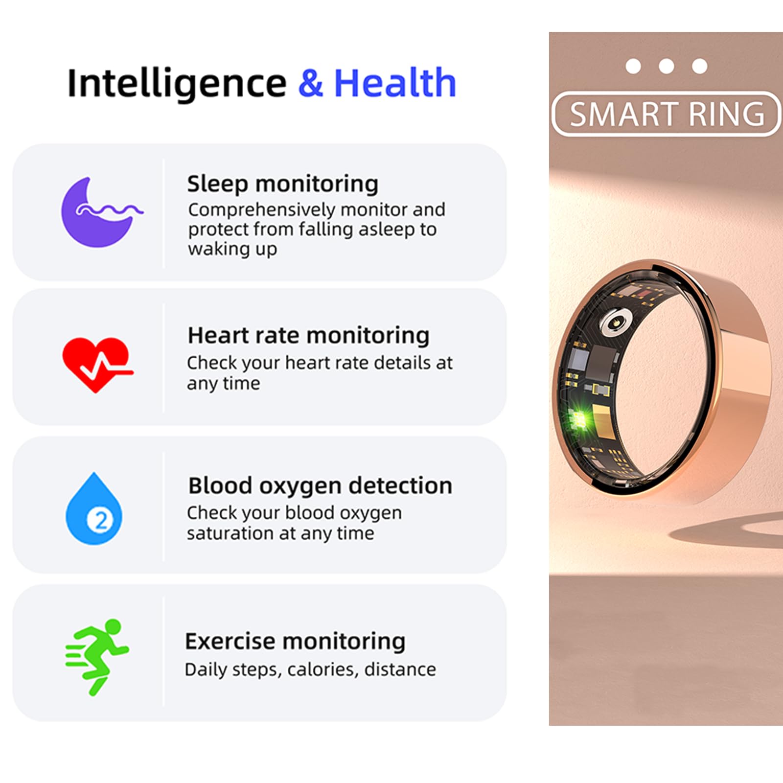 HitTopss Smart Ring, Fitness Tracking Smart Ring with Calories/Heart Rate/Blood Oxygen/Sleep Monitoring, IP68 Waterproof, No APP Subscription