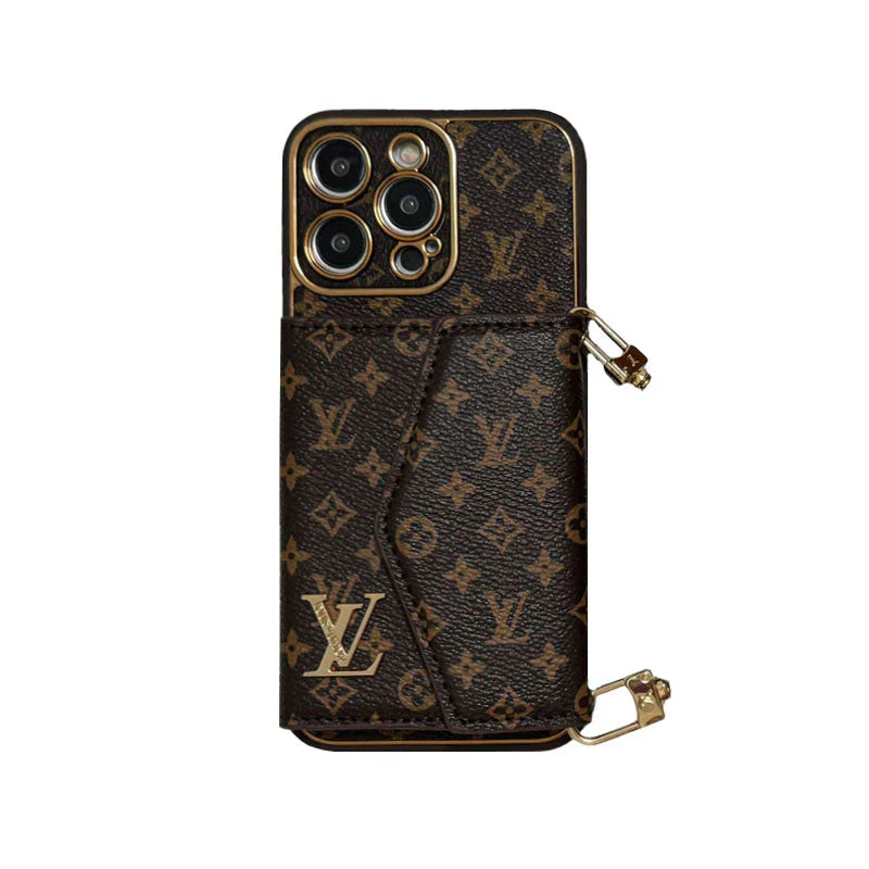 Monogram iPhone Case With Wallet And Strap Brown Big Printing