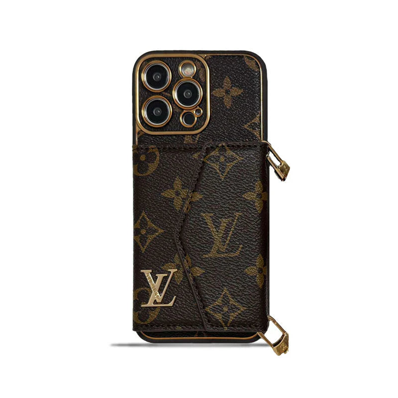 Monogram iPhone Case With Wallet And Strap Brown Big Printing