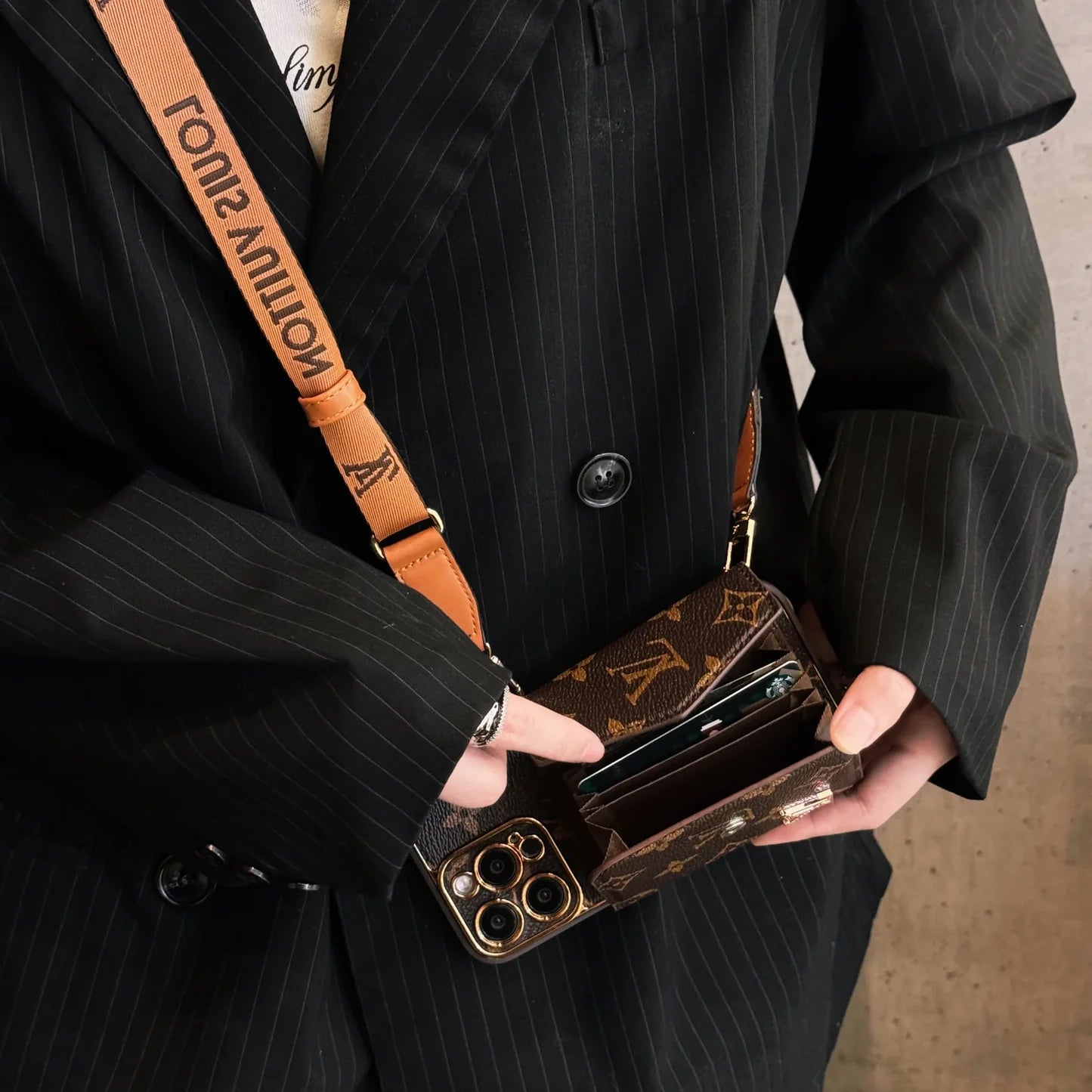 Monogram iPhone Case With Wallet And Strap Brown Big Printing