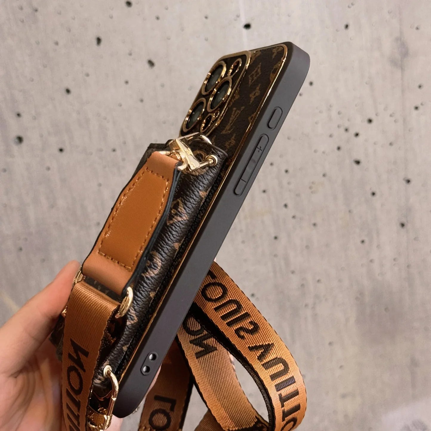 Monogram iPhone Case With Wallet And Strap Brown Big Printing