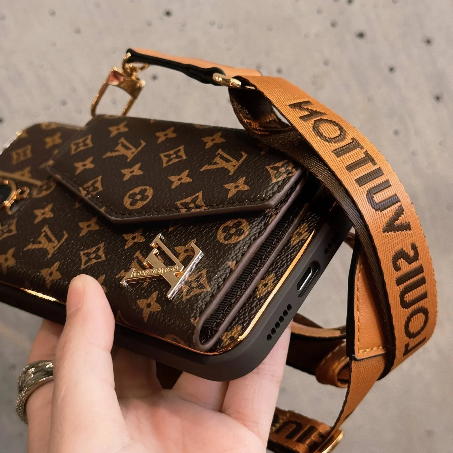 Monogram iPhone Case With Wallet And Strap Brown Big Printing