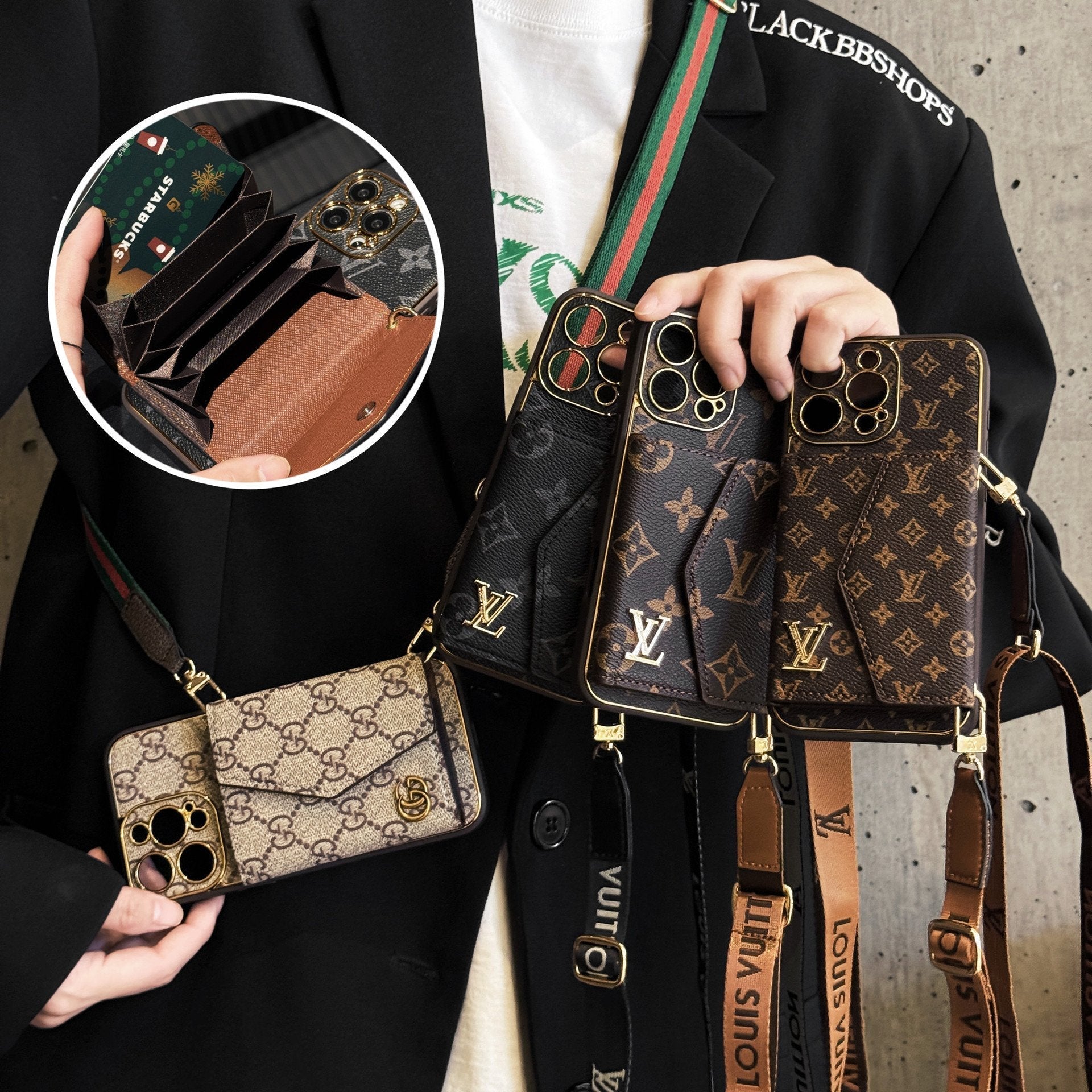 Monogram iPhone Case With Wallet And Strap Brown Big Printing