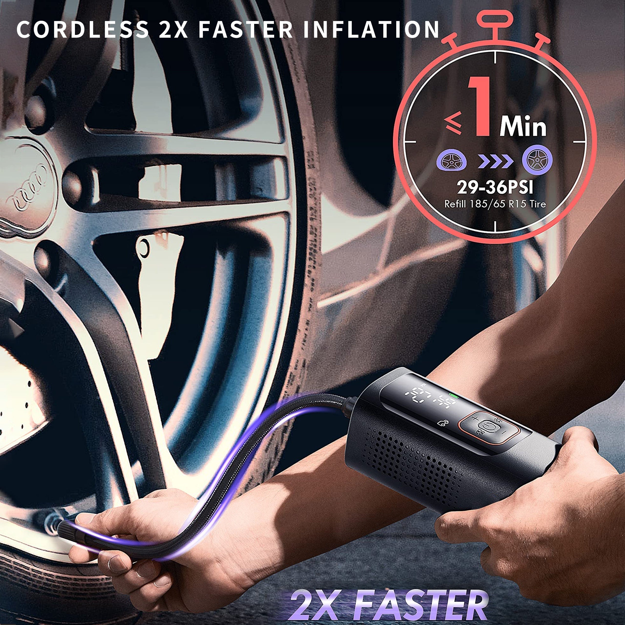 Portable Tire Inflator Air Compressor - Powerful 160PSI & 2X Faster, Accurate Pressure LCD Display, Cordless Easy Operation - Portable Air Pump