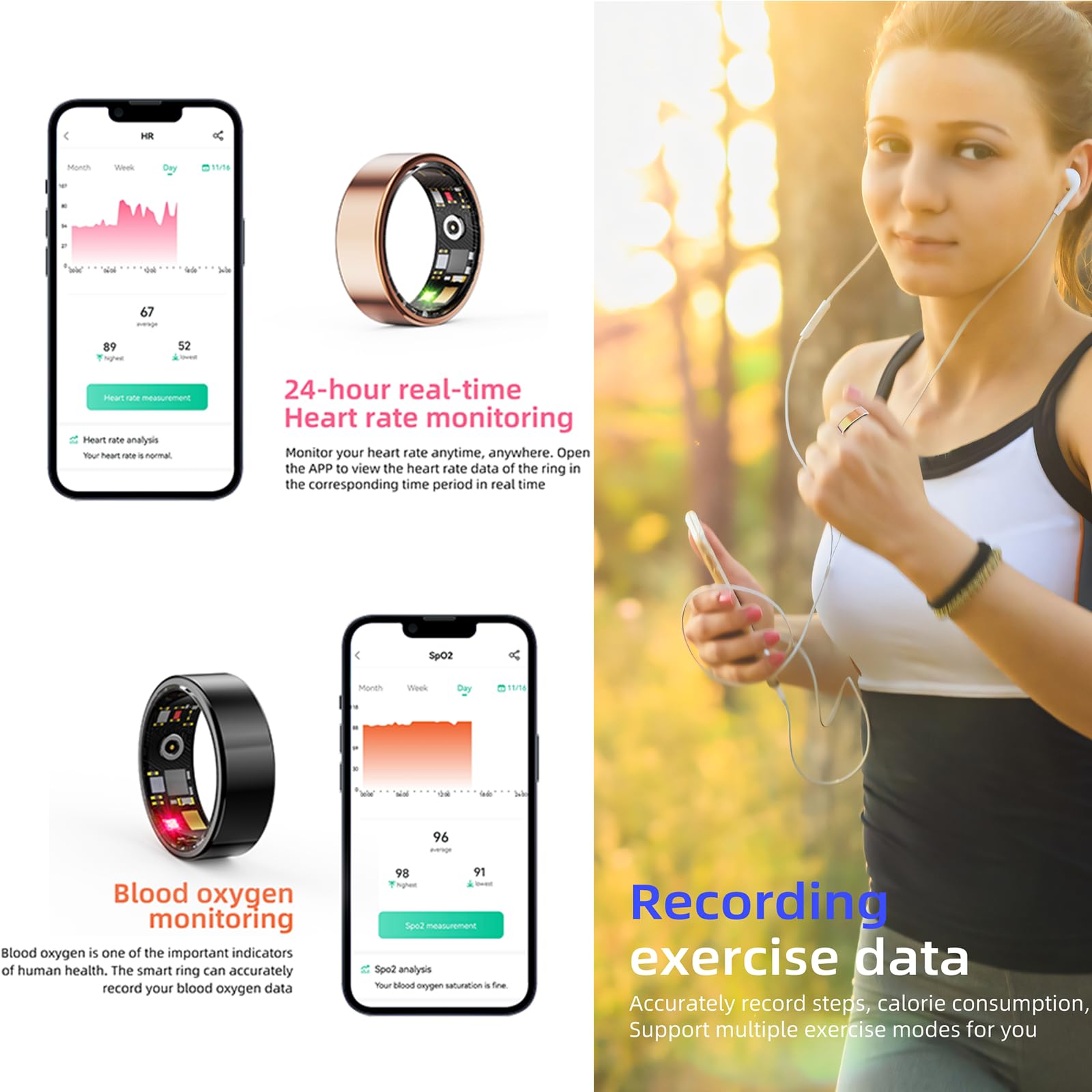 HitTopss Smart Ring, Fitness Tracking Smart Ring with Calories/Heart Rate/Blood Oxygen/Sleep Monitoring, IP68 Waterproof, No APP Subscription
