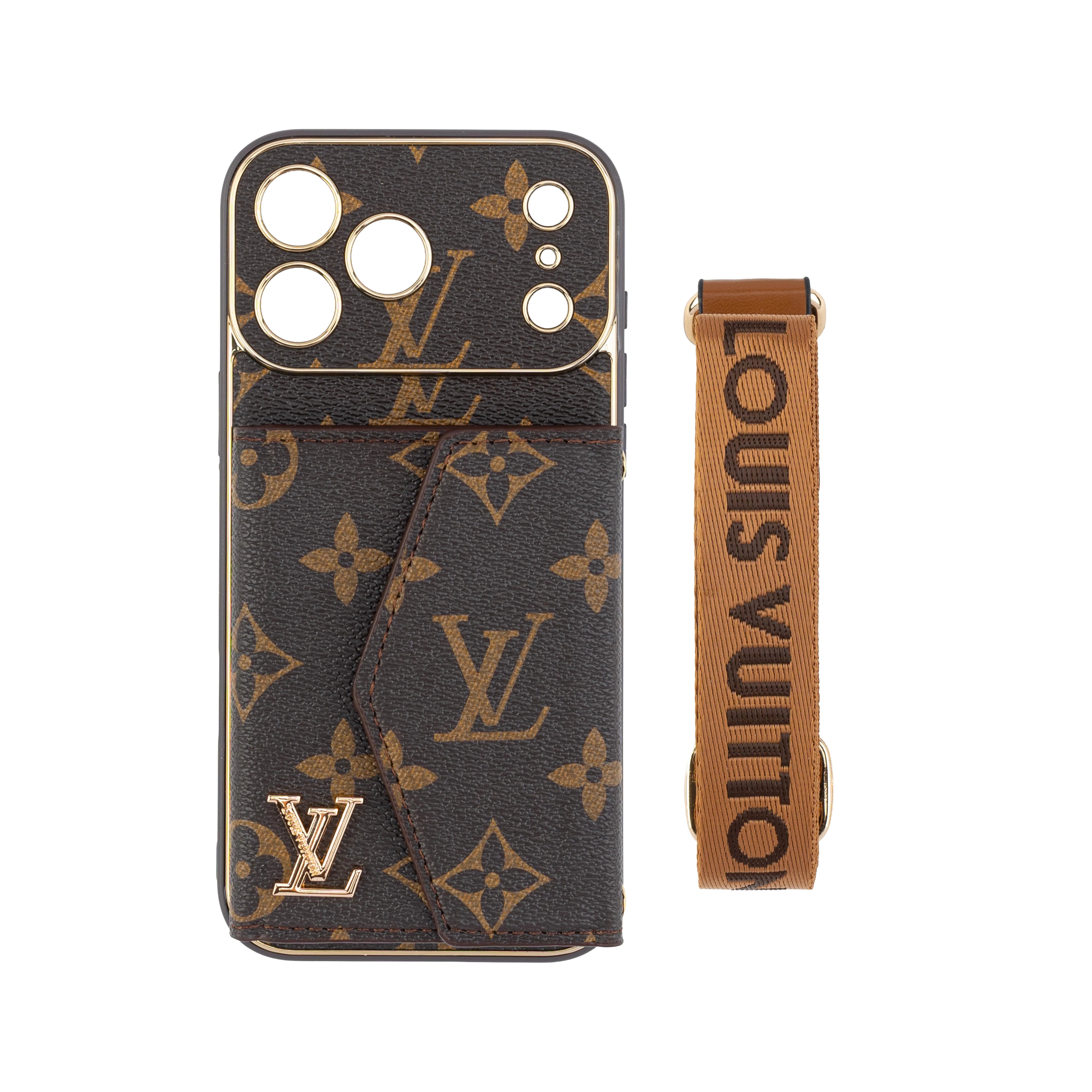 Monogram iPhone Case With Wallet And Strap Brown Big Printing