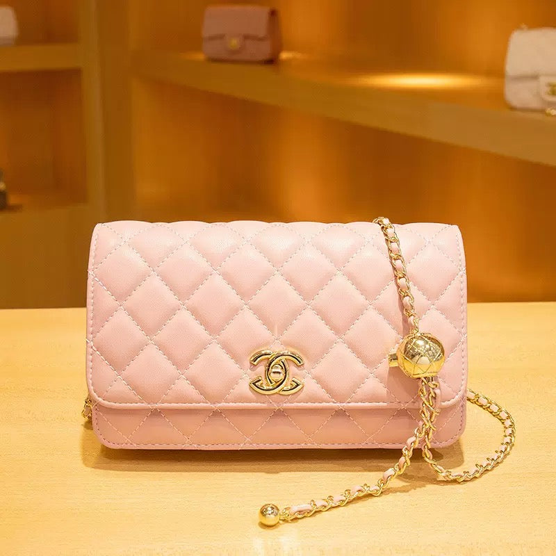 Wallet On Chain Shiny Lambskin Pearls Gold Tone Metal