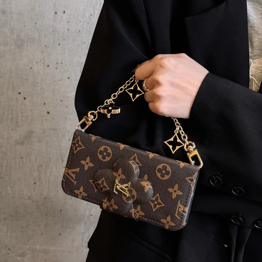 Stylish LV Print Multifunctional iPhone Crossbody Case - with Chain Strap, Stand & Card Slots